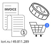 Shopping cart with three items, invoice with dollar sign, and coin representing currency. Ideal for e-commerce, online transactions, payment processing, sales tracking, digital receipts, shopping. Online Shopping Cart with Receipt and Currency Elements Highlighting E-commerce and Transactions. Стоковая иллюстрация, агентство Ingram Publishing / Фотобанк Лори