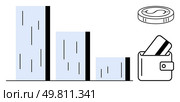 Bar graph depicting declining financial growth, accompanied by a wallet with a credit card and a coin. Ideal for financial planning, economic analysis, budgeting, savings strategies, investment. Financial Growth Bar Graph with Wallet, Credit Card, and Coin for Economic Analysis and Budgeting. Стоковая иллюстрация, агентство Ingram Publishing / Фотобанк Лори
