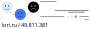 Three emoticons showing happy, neutral, and sad expressions connected by dotted lines on white background. Ideal for mood tracking, mental health, feedback systems, customer service, education, user. Three Emoticons Representing Positive, Neutral, and Negative Feelings Connected by Dotted Lines. Стоковая иллюстрация, агентство Ingram Publishing / Фотобанк Лори