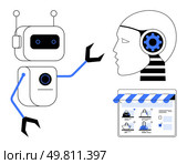 Robot extending mechanical arm towards human head with gear mechanism, online shopping interface below. Ideal for AI, robotics, technology, human-computer interaction, e-commerce, futuristic themes. Interaction Between Robot and Human Head with Digital Shopping Interface and Geometric Shapes. Стоковая иллюстрация, агентство Ingram Publishing / Фотобанк Лори