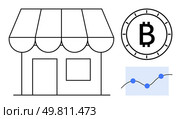 Small storefront with an awning, Bitcoin coin symbol, and financial line chart with data points. Ideal for business finance, cryptocurrency, small businesses, e-commerce, payment solutions, financial. Small business store with cryptocurrency acceptance and financial growth chart. Стоковая иллюстрация, агентство Ingram Publishing / Фотобанк Лори