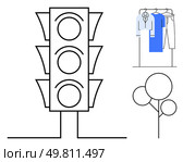 Traffic light with signal lights, clothes on a wardrobe rack, and simple line-drawn tree. Ideal for city planning, organization, fashion, minimalism, environmental themes, urbanization. Traffic light, wardrobe with clothes, and tree illustration for organizational and urban themes. Стоковая иллюстрация, агентство Ingram Publishing / Фотобанк Лори