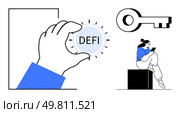 Hand holding DEFI coin, large key symbol, person using tablet, simplicity. Ideal for blockchain, financial technology, decentralized finance, security, investment cryptocurrency tech innovation. Hand Holding DEFI Coin, Key Symbol, and Person Using Tablet Blockchain and Financial Technology Concept. Стоковая иллюстрация, агентство Ingram Publishing / Фотобанк Лори