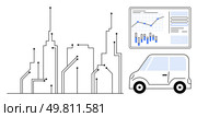 Digital cityscape with networked buildings, connected autonomous vehicle, and data analytics dashboard displaying graphs. Ideal for technology, smart cities, urban planning, IoT, innovation. Smart City Concept Featuring Modern Building Outline, Connected Car, and Data Analytics Board. Стоковая иллюстрация, агентство Ingram Publishing / Фотобанк Лори