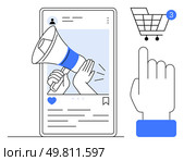 Megaphone on smartphone screen delivering digital advertisement, hand clicking icon, shopping cart with notification. Ideal for marketing, e-commerce, mobile apps, social media, announcements. Digital Advertising and Online Shopping with Megaphone Message on Smartphone Screen and Shopping Cart Notification. Стоковая иллюстрация, агентство Ingram Publishing / Фотобанк Лори