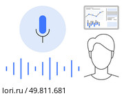 Blue microphone icon with sound waves, user avatar, and analytics dashboard with charts and graphs. Ideal for technology, data analysis, communication, user interface, AI development, machine. Voice Recognition with Microphone, User Avatar, and Data Analytics Dashboard. Стоковая иллюстрация, агентство Ingram Publishing / Фотобанк Лори