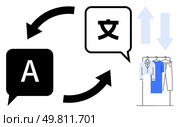 Arrows between language speech bubbles with A and Mandarin character clothing rack with shirts. Ideal for translation, language learning, cross-cultural communication, globalization, bilingual. Bilingual Communication Concept with Clothing Swap Metaphor. Стоковая иллюстрация, агентство Ingram Publishing / Фотобанк Лори