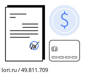 Document with signature, dollar sign in blue circle, and credit card. Ideal for financial agreements, contracts, banking, business transactions, electronic payments, legal documents commercial. Document with Signature, Dollar Sign, and Credit Card Depicting Financial Agreement Elements. Стоковая иллюстрация, агентство Ingram Publishing / Фотобанк Лори
