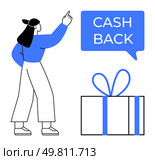 Woman pointing at cashback message inside speech bubble, beside a wrapped gift box. Ideal for marketing, customer rewards, promotions, advertisements, financial incentives, loyalty programs. Woman pointing at cashback message with wrapped gift box indicating reward or incentive. Стоковая иллюстрация, агентство Ingram Publishing / Фотобанк Лори