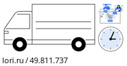 Delivery truck with large clock and online shopping illustration. Ideal for delivery services, e-commerce, logistics, punctuality, shipping, customer service, time management. Line metaphor. Delivery Truck with E-commerce Elements Highlighting Timely Shipping and Online Shopping. Стоковая иллюстрация, агентство Ingram Publishing / Фотобанк Лори