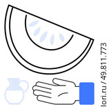 Hand in blue sleeve holding watermelon slice, light blue pitcher. Ideal for healthy eating, summer, freshness, minimalism, food, hydration simplicity. Line metaphor. Hand with Blue Sleeve Holding Watermelon Slice and Light Blue Pitcher, Minimalist Line Art. Стоковая иллюстрация, агентство Ingram Publishing / Фотобанк Лори