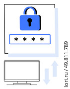 Blue padlock above password field with asterisks, computer monitor below with data exchange arrows. Ideal for cybersecurity, online privacy, secure access, IT infrastructure, network security, data. Secure login concept with blue padlock, password field, computer monitor, and data exchange arrows. Стоковая иллюстрация, агентство Ingram Publishing / Фотобанк Лори