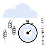 Stopwatch three wheat stalks, and cloud convey precision farming, growth monitoring, crop yield, sustainable agriculture, weather forecasting, and productivity. Ideal for farming, time management. Timing and Growth Stopwatch, Wheat Stalks, and Cloud Representing Efficient Agricultural Practices. Стоковая иллюстрация, агентство Ingram Publishing / Фотобанк Лори