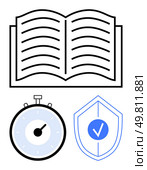 Open book symbolizing learning stopwatch representing time management, and shield with checkmark for security. Ideal for education, time management, security, exams, protection, learning, knowledge. Open Book with Stopwatch and Shield Highlighting Efficiency in Knowledge and Security. Стоковая иллюстрация, агентство Ingram Publishing / Фотобанк Лори