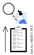 Person holding magnifying glass focusing on checklist with blue checkmarks on a clipboard, upward black arrow. Ideal for quality control, prioritization, efficiency, task management, auditing. Person Using Magnifying Glass to Examine Checklist on Clipboard with Upward Arrow. Стоковая иллюстрация, агентство Ingram Publishing / Фотобанк Лори