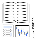 Open book above a calculator and stock chart window with a blue trendline. Ideal for financial education, investing, bookkeeping, market analysis, academic research, trading tutorials, data study. Open Book with Calculator and Stock Chart Window Highlighting Analysis and Study. Стоковая иллюстрация, агентство Ingram Publishing / Фотобанк Лори