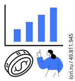 Businesswoman pointing at a rising bar chart with a large dollar coin beside her. Ideal for finance, growth, investment, business success, financial planning, economics, and wealth management themes. Businesswoman analyzing financial growth chart next to a coin with dollar sign. Стоковая иллюстрация, агентство Ingram Publishing / Фотобанк Лори