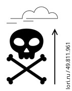 Skull and crossbones beneath a cloud with an upward arrow. Ideal for themes of danger, warning, caution, risk, toxicity, death, and mortality. Bold line metaphor. Symbol of Danger and Caution Skull and Crossbones with Cloud and Arrow Motif. Стоковая иллюстрация, агентство Ingram Publishing / Фотобанк Лори