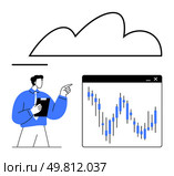 Businessman pointing at a fluctuating line graph under a cloud outline. Ideal for data analysis, business presentations, cloud computing, stock market trends, financial forecasting, technology. Business professional presenting data analysis under cloud technology concept. Стоковая иллюстрация, агентство Ingram Publishing / Фотобанк Лори