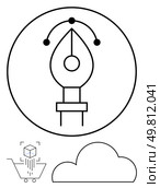Pen tool within a circle, representing graphic design concepts. Below, a shopping cart with a 3D box, symbolizing e-commerce, and a cloud icon. Ideal for web design, tech, e-commerce graphic design. Graphic design and e-commerce elements including a pen tool icon, shopping cart, and cloud icon. Стоковая иллюстрация, агентство Ingram Publishing / Фотобанк Лори