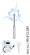 Robot pointing at a wind turbine, emphasizing renewable energy, innovation, technology, sustainability, environmental awareness, education, and future solutions. Ideal for renewable energy topics. Robot Pointing at Wind Turbine Generating Clean Energy in Minimalist Design. Стоковая иллюстрация, агентство Ingram Publishing / Фотобанк Лори