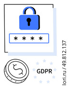 Blue lock symbol above a password box with four asterisks, coin icon with dollar sign, and GDPR text. Ideal for cybersecurity, online privacy, data protection, encryption, financial security. Blue lock and password box representing security and privacy with a coin icon and GDPR text. Стоковая иллюстрация, агентство Ingram Publishing / Фотобанк Лори