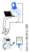 Woman in hijab using laptop futuristic robot pointing, hand inserting card into HS code device. Ideal for technology, automation, AI, modern work, coding, e-commerce, education. Line metaphor. Woman in Hijab Working on Laptop, Futuristic Robot, and Hand Inserting Card into HS Code Device. Стоковая иллюстрация, агентство Ingram Publishing / Фотобанк Лори