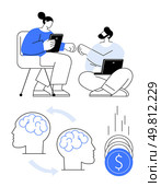 Two colleagues discussing with a tablet and laptop, connected brains, and coins depicting growth. Ideal for teamwork, collaboration, brainstorming, business, idea exchange, financial growth. Colleagues Meeting and Exchanging Ideas with Brainstorming and Financial Growth Concept. Стоковая иллюстрация, агентство Ingram Publishing / Фотобанк Лори