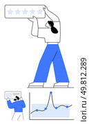 Person holding a star rating above small figure with chart, line graph representing progress. Ideal for reviews, data analysis, customer feedback, evaluation, business growth, improvement. Line. Empowering Feedback Through Data Visualization and User Interaction. Стоковая иллюстрация, агентство Ingram Publishing / Фотобанк Лори