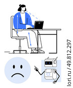Person working at desk, ergonomic corrections indicated by arrows. Sad face indicates stress. Robot suggests improvements. Ideal for ergonomics, workplace wellness, health, technology, AI, stress. Ergonomic Workspace Setup with Stress Indicator and Suggestive AI Robot for Office Well-being. Стоковая иллюстрация, агентство Ingram Publishing / Фотобанк Лори
