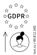 GDPR text encircled by twelve stars with a female avatar below and an upward arrow. Ideal for data security, privacy policy, online regulations, compliance, individual rights, user consent, law. GDPR Compliance and Data Privacy for Individual Protection Represented by Stars and Arrow. Стоковая иллюстрация, агентство Ingram Publishing / Фотобанк Лори