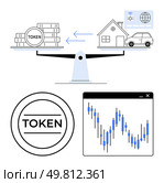 Tokens and real assets balanced on a seesaw, stock chart, and token symbol. Ideal for finance, investment, cryptocurrency, asset management, financial education market analysis economics. Line. Balancing Tokens and Real Assets on a Seesaw with Stock Chart and Token Symbol. Стоковая иллюстрация, агентство Ingram Publishing / Фотобанк Лори