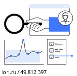 Magnifying glass user icon graph checklist. Ideal for data analysis, user research, digital security, efficiency, productivity, monitoring, business strategies. Line metaphor. Streamlining Data Insight Analytics, User Profiles, and Efficiency in a Digital Workspace. Стоковая иллюстрация, агентство Ingram Publishing / Фотобанк Лори