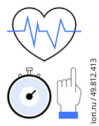 Heartbeat with EKG line stopwatch and hand pointing up. Ideal for health, time management, direction, wellness, punctuality, medical, and navigation themes. Line metaphor. Heartbeat, Stopwatch, and Pointing Hand Representing Health, Timeliness, and Direction. Стоковая иллюстрация, агентство Ingram Publishing / Фотобанк Лори