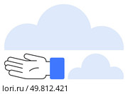 Hand extending beneath blue clouds. Ideal for themes of support, connectivity, technology, collaboration, assistance, service and cloud computing. Symbolizes reaching out and providing aid. Line. Hand Extending Beneath Blue Clouds Conceptualizing Support and Connectivity. Стоковая иллюстрация, агентство Ingram Publishing / Фотобанк Лори