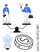 Businesswoman holding clipboard and businessman with light bulb and briefcase balancing on seesaw scale, representing idea versus finance balance. Ideal for business, equality, teamwork. Businesswoman and Businessman Balancing Ideas and Finances on Seesaw Scale. Стоковая иллюстрация, агентство Ingram Publishing / Фотобанк Лори