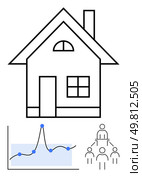 House outline upward graph community diagram. Ideal for real estate, investment, data analysis, community growth, housing market, family planning, financial forecasting. Line metaphor. Visualizing Homeownership Trends Data Connections and Community Impact. Стоковая иллюстрация, агентство Ingram Publishing / Фотобанк Лори