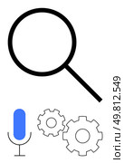 Large magnifying glass, blue and black microphone, two interlocking gears. Ideal for technology, search engine optimization, podcasts, communication, mechanics problem-solving efficiency. Line. Magnifying Glass, Microphone, and Gears Representing Search, Communication, and Mechanisms. Стоковая иллюстрация, агентство Ingram Publishing / Фотобанк Лори