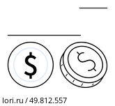 Two coins with dollar signs falling and tumbling. Ideal for financial education, investment, banking, currency exchange, personal finance, monetary policy, and economic analysis. Line metaphor. Simple Outline of Two Coins with Dollar Signs Tumbling Representing Financial Concepts. Стоковая иллюстрация, агентство Ingram Publishing / Фотобанк Лори