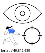 Person running in blue shirt, large eye outline, circle with crosshairs. Ideal for goal setting, focus, vision, determination, achievement sports tracking. Line metaphor. Target and Vision Concept with Person Running in Blue Shirt, Eye Outline, and Circle with Crosshairs. Стоковая иллюстрация, агентство Ingram Publishing / Фотобанк Лори