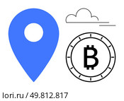 Large blue location pin, minimalist cloud, and Bitcoin symbol enclosed in a circle. Ideal for cryptocurrency, finance, navigation, technology, cloud services, fintech, blockchain themes. Line. Bitcoin symbol inside a circle with blue location pin and minimalistic cloud overhead. Стоковая иллюстрация, агентство Ingram Publishing / Фотобанк Лори