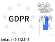 GDPR text surrounded by stars, clothing rack with shirts, and flowers on top. Ideal for data protection, compliance, privacy, governance, e-commerce retail legal services. Line metaphor. GDPR Concept with Stars and Clothing Rack Next to Flower Decoration. Стоковая иллюстрация, агентство Ingram Publishing / Фотобанк Лори
