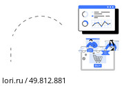 Analytics dashboard displaying data trends above online shoppers examining purchase details and cashback offers. Ideal for e-commerce, marketing, data analysis, shopping, finance, digital marketing. E-commerce analytics dashboard with online shoppers viewing purchase details and cashback offers. Стоковая иллюстрация, агентство Ingram Publishing / Фотобанк Лори