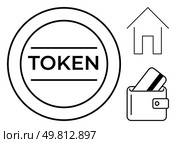 Digital token inside circle, wallet with credit card, and house outline representing modern financial concepts. Ideal for finance, digital payments, real estate, investing, security, digital assets. Digital token inside circle, wallet with credit card, and house outline representing modern financial concepts. Стоковая иллюстрация, агентство Ingram Publishing / Фотобанк Лори