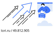 Arrows moving upward symbolize growth beside a person holding a Cash Back sign. Ideal for finance, marketing, e-commerce, consumer incentives, business growth. Minimalist vector style. Dynamic Arrows Propelling Forward with Cash Back Incentive. Стоковая иллюстрация, агентство Ingram Publishing / Фотобанк Лори