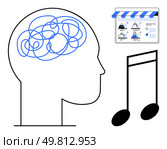 Outline of a head with a tangled scribble inside, nearby a musical note and an online learning interface. Ideal for mental health, music therapy, cognitive science, e-learning, creativity, focus. Mental Clarity Through Music Simplifying a Cluttered Mind for Enhanced Online Learning. Стоковая иллюстрация, агентство Ingram Publishing / Фотобанк Лори