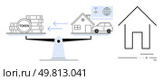 Seesaw balancing crypto tokens with a house and car. Arrows indicate value exchange. Basic house icon to the right. Ideal for finance, real estate, cryptocurrency, digital assets, value comparison. Balancing Act House, Car, and Cryptocurrency Tokens on Seesaw Conveying Modern Value Exchange. Стоковая иллюстрация, агентство Ingram Publishing / Фотобанк Лори