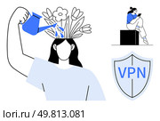 Woman waters flowers growing from head, girl sits on box with phone, shield labeled VPN. Ideal for creativity, growth, mental health, technology use, online security, mindfulness digital well-being. Woman nurturing creativity, girl using mobile phone, and VPN shield representing online security. Стоковая иллюстрация, агентство Ingram Publishing / Фотобанк Лори
