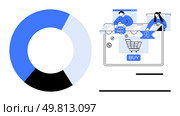 Pie chart, dollar coins, shopping cart, cash back, percentages, BUY button, and users browsing. Ideal for online shopping, marketing strategies e-commerce customer incentives digital transactions. Online Shopping with Cashback and Discount Offers Highlighted in Digital Graphics. Стоковая иллюстрация, агентство Ingram Publishing / Фотобанк Лори