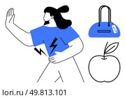 Woman rejecting an offer with raised hand and holding stomach, blue shirt with lightning bolts, a handbag with tag, and an apple. Ideal for health, lifestyle, decisions, warnings, priorities. Woman rejecting an offer, holding stomach, with handbag and apple, implying decision about priorities. Стоковая иллюстрация, агентство Ingram Publishing / Фотобанк Лори